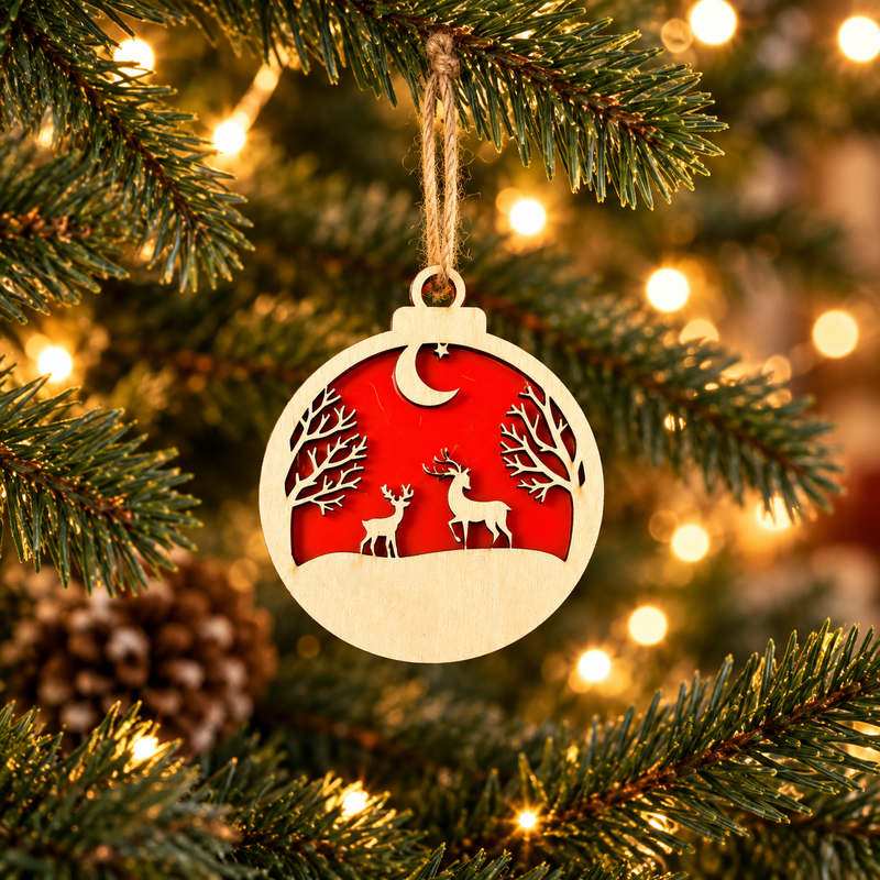 Woodland Deer Pair two-layer wooden and red acrylic Christmas bauble hanging on a Christmas tree