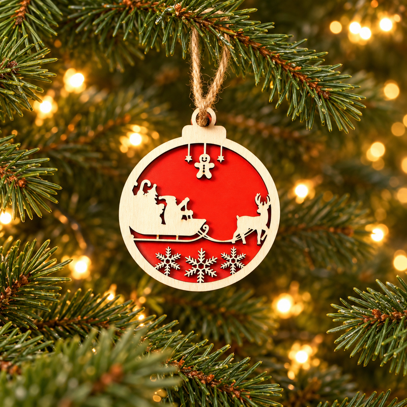 Santa Sleigh and Snowflakes two-layer wooden and red acrylic Christmas bauble hanging on a Christmas tree