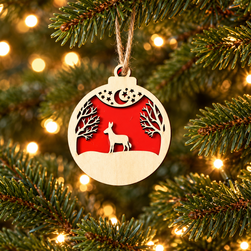 Winter Woodland Deer two-layer wooden and red acrylic Christmas bauble hanging on a Christmas tree