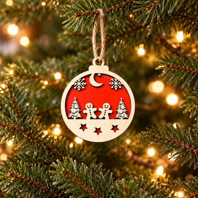 Gingerbread Pair two-layer wooden and red acrylic Christmas bauble hanging on a Christmas tree