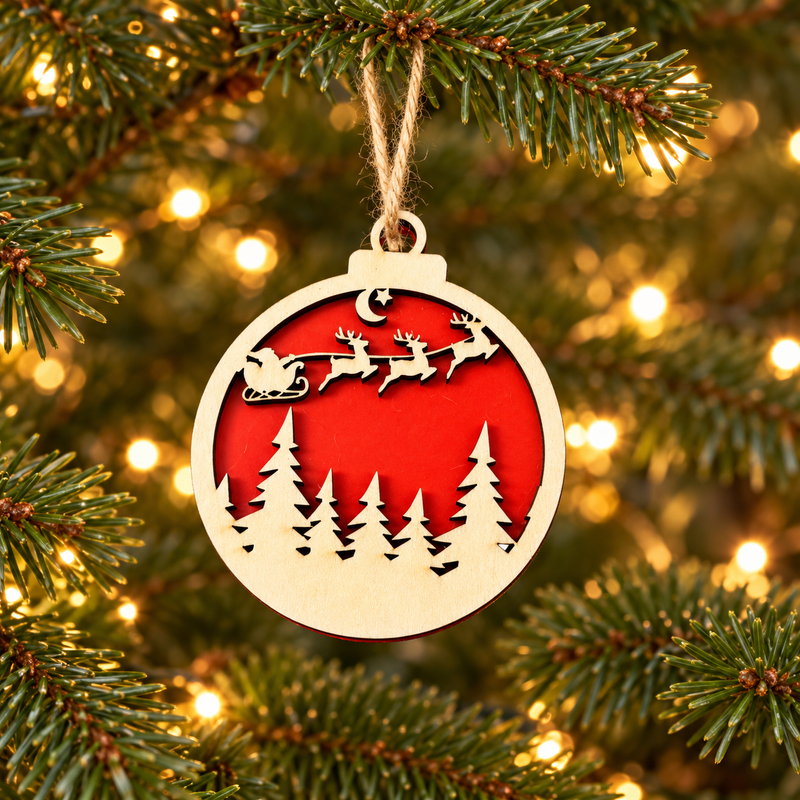 Santa Over the Forest two-layer wooden and red acrylic Christmas bauble hanging on a Christmas tree