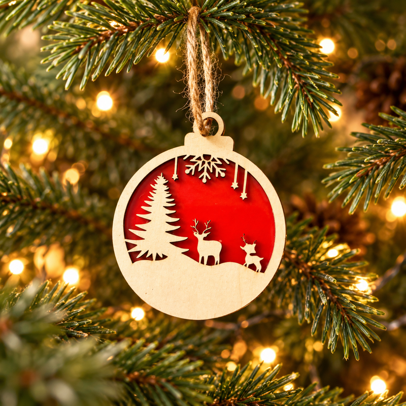 Deer Family and Christmas Tree two-layer wooden and red acrylic Christmas bauble hanging on a Christmas tree