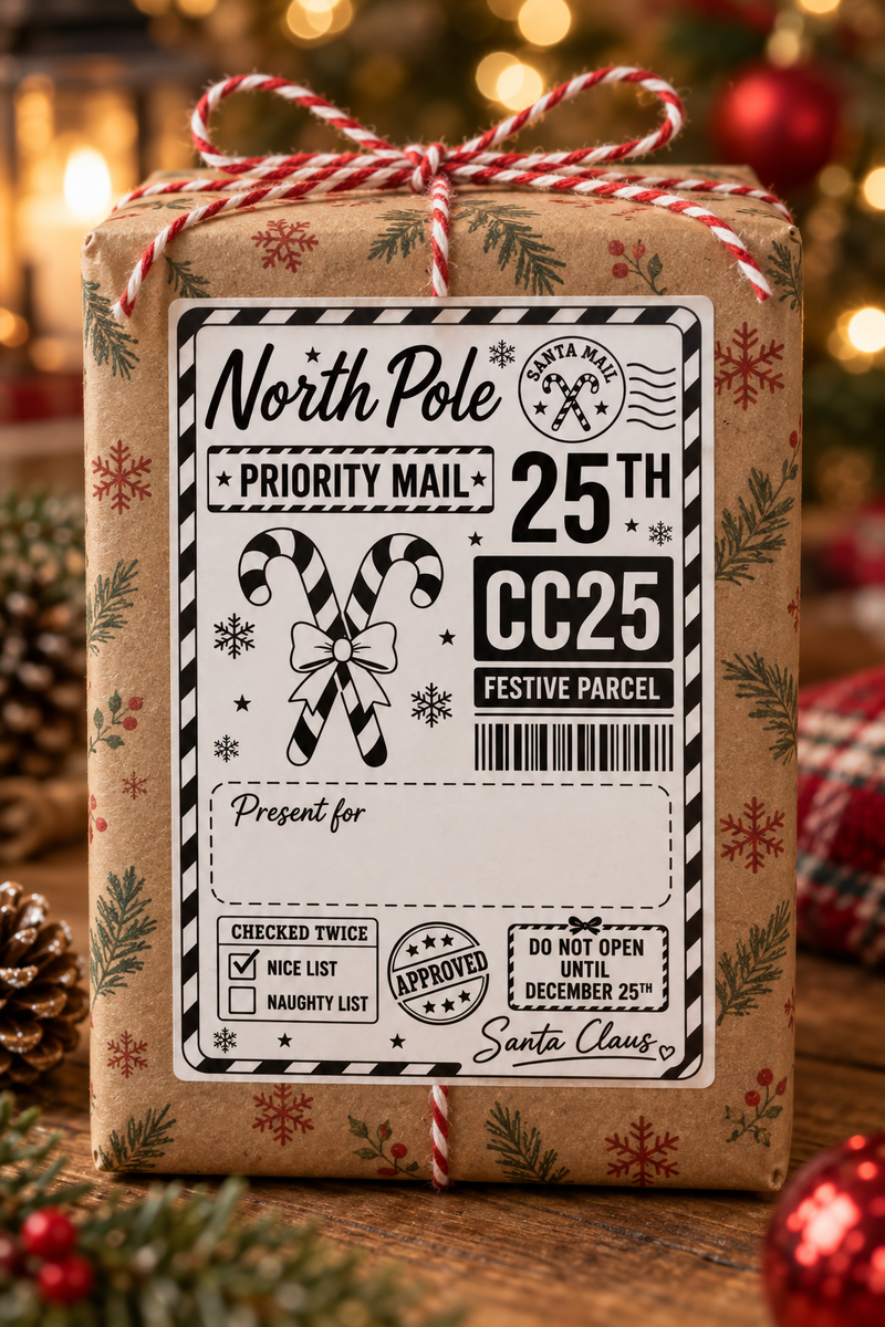 Personalised 4 by 6 inch Christmas parcel label, design 1 in the festive collection