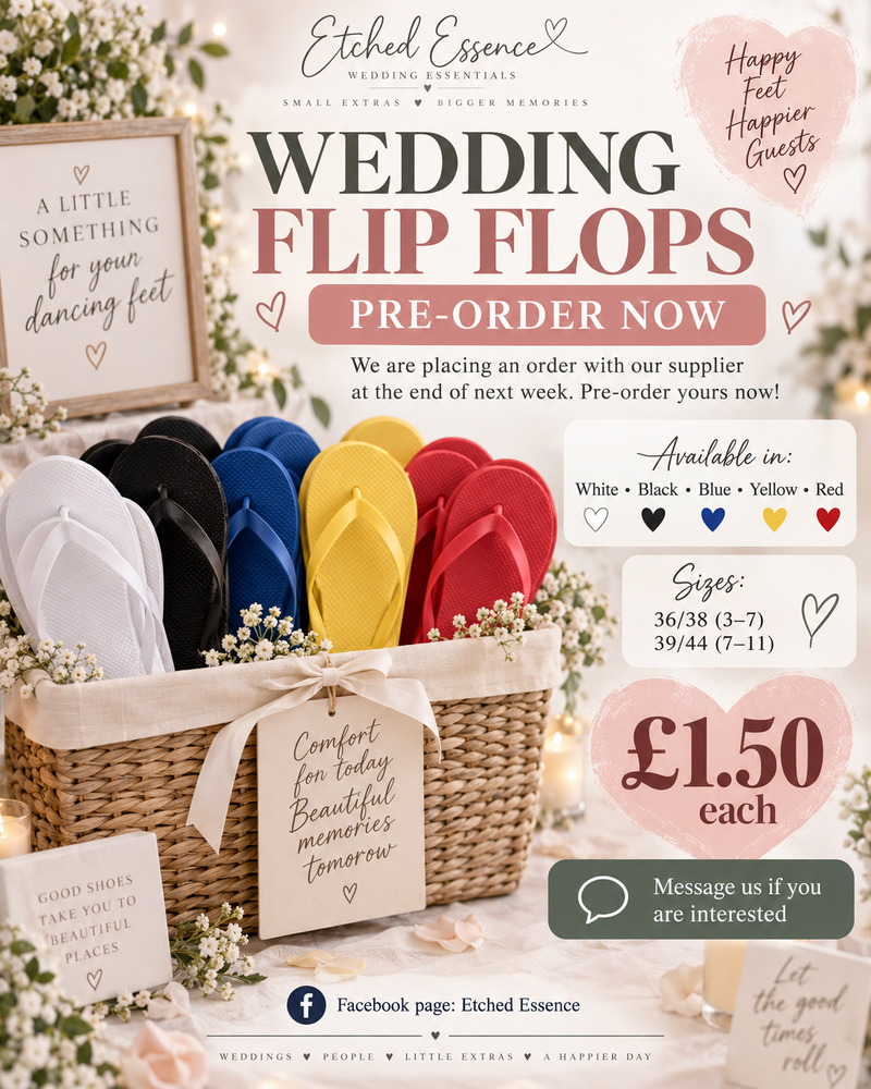 Plain white wedding flip flops for reception guests, available in different sizes