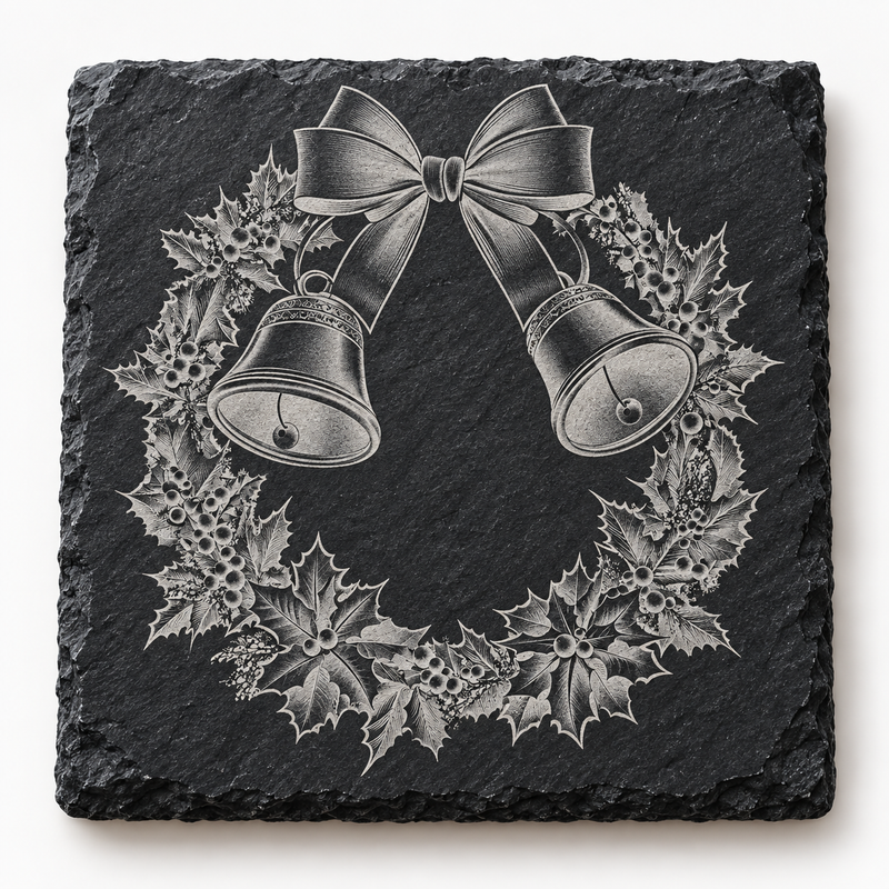 Christmas Bells Holly Wreath Slate Coaster