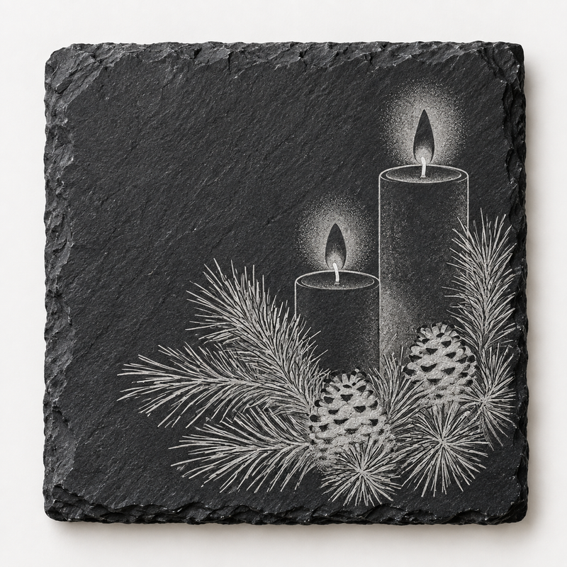 Christmas Candle & Pine Cones Slate Coaster