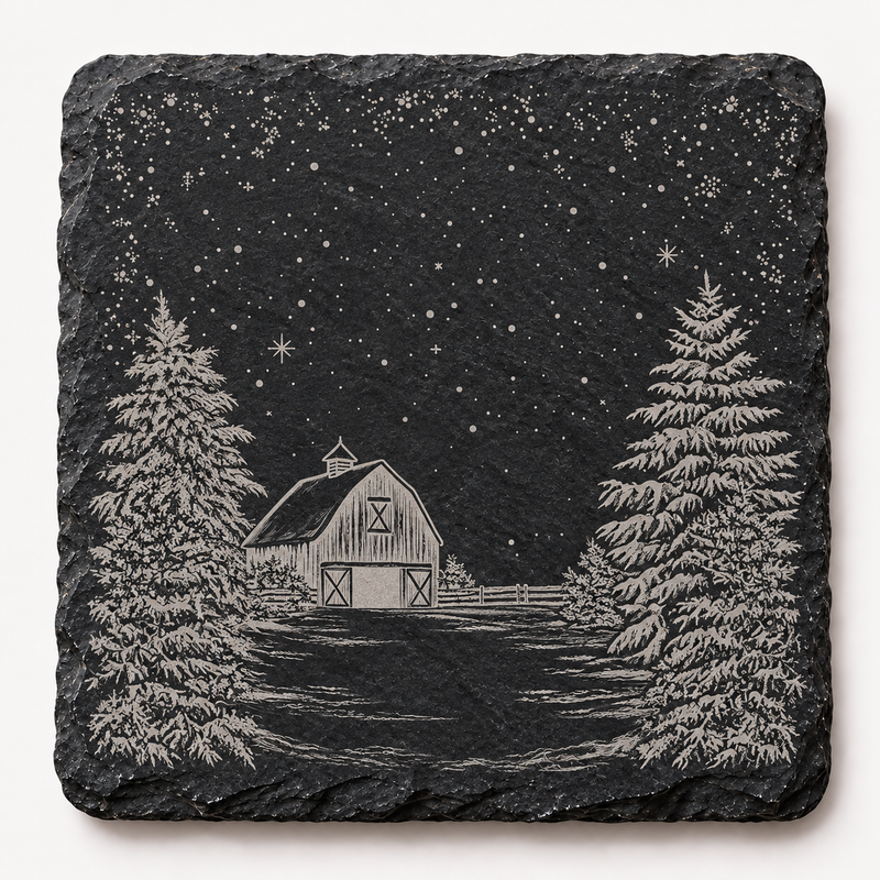 Distant Snowy Barn Christmas Slate Coaster