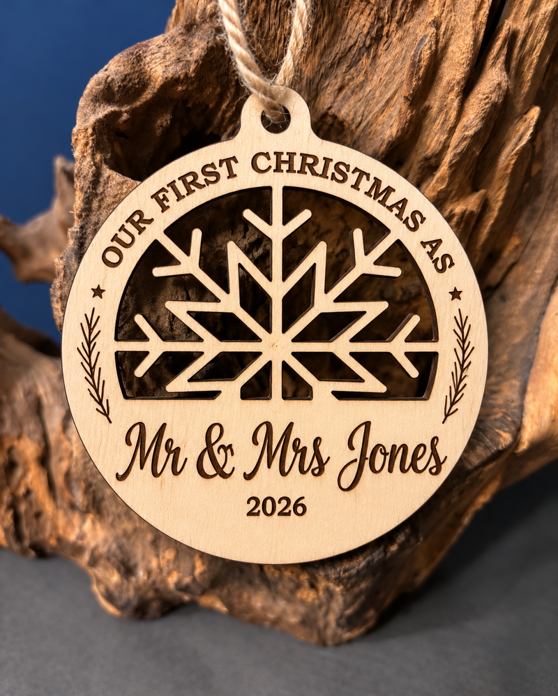Personalised first Christmas basswood bauble – Round Snowflake