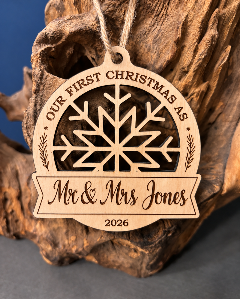 Personalised first Christmas basswood bauble – Snowflake Ribbon
