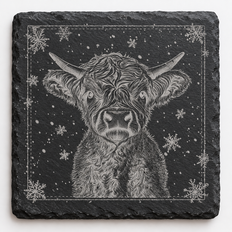 Highland Cow Snowflake Christmas Slate Coaster