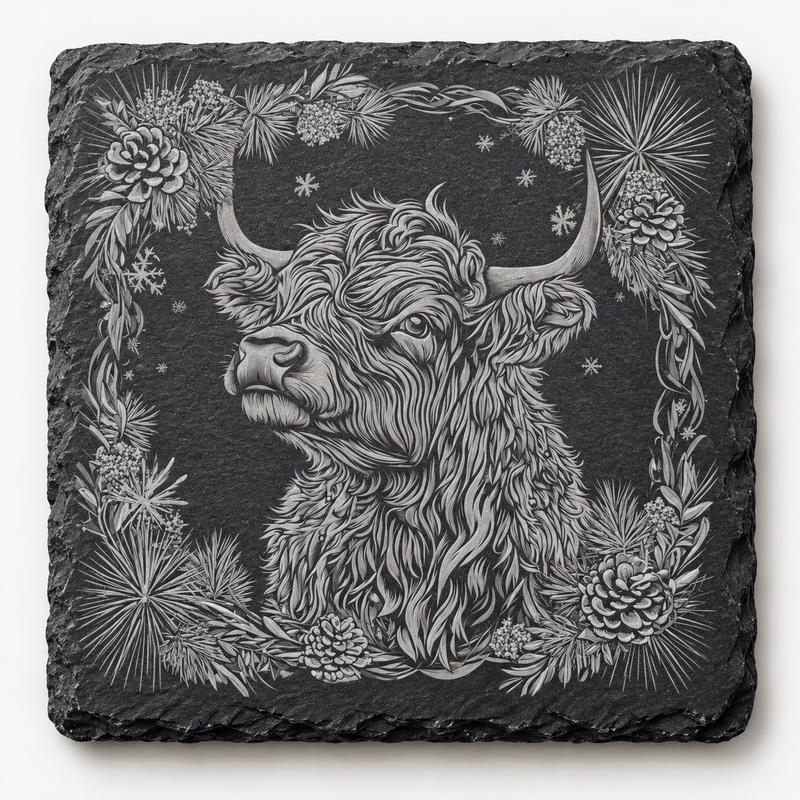 Highland Cow Christmas Floral Slate Coaster