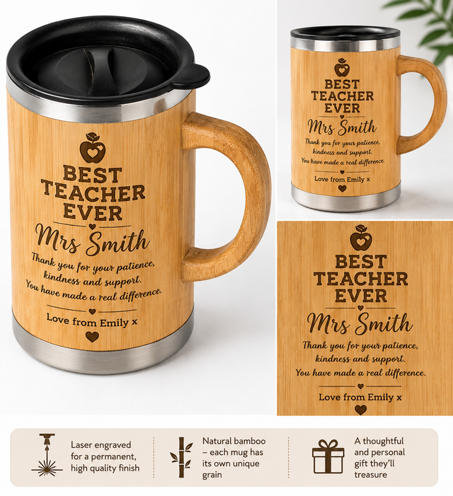 Personalised Wooden Travel Cup – Teacher Gift 🍎