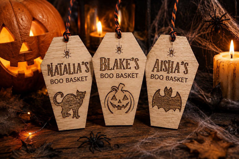 Personalised wooden Boo Basket coffin tag