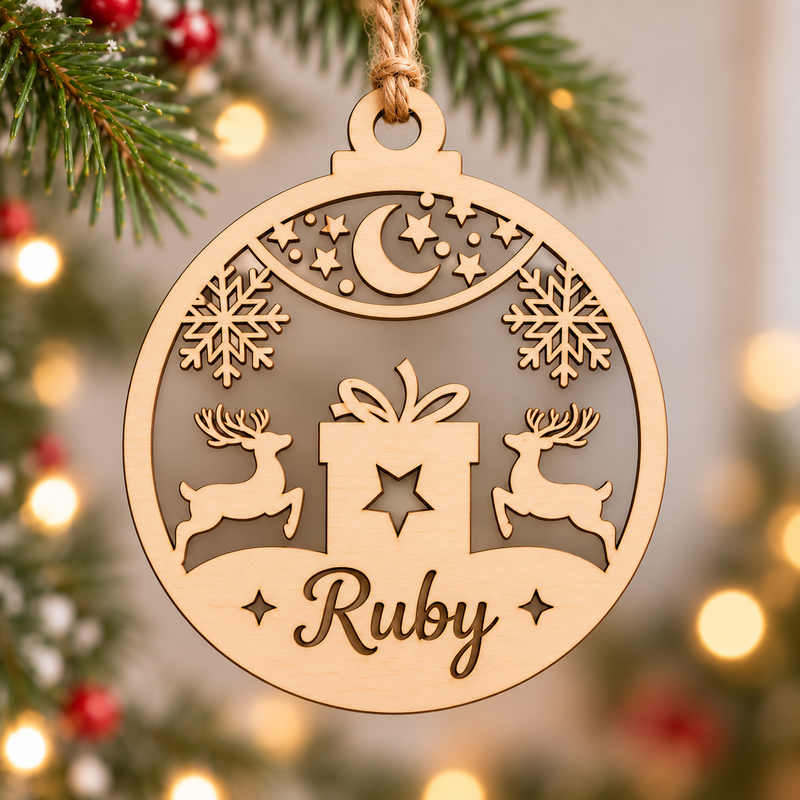 Personalised Reindeer & Gift Christmas Bauble