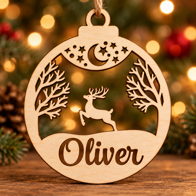 Personalised Reindeer Woodland Moon Christmas Bauble