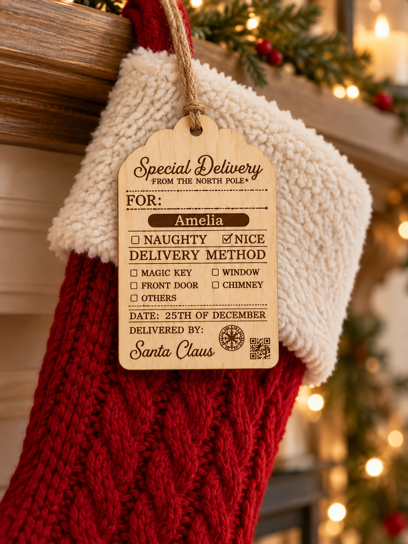 Santa Claus Special Delivery personalised wooden stocking tag; stocking not included