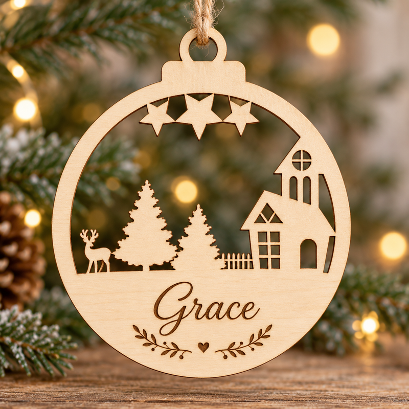 Personalised Woodland Church Christmas Bauble