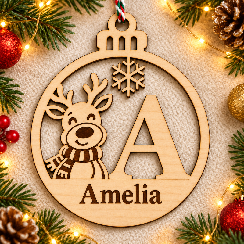 Personalised basswood reindeer initial Christmas bauble – letter A