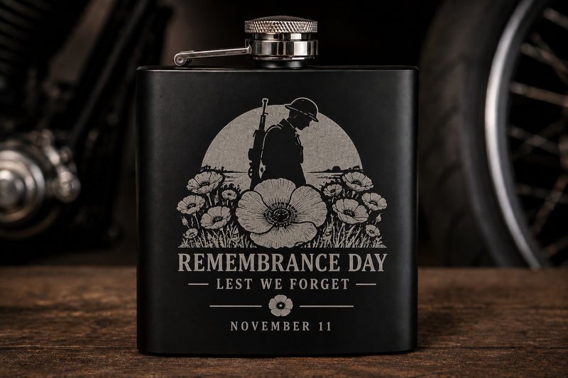 Remembrance Day engraved matte black hip flask