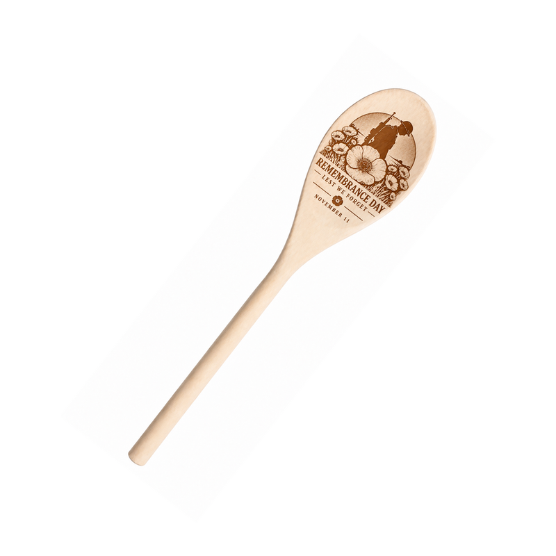Remembrance Day engraved wooden spoon shown in full