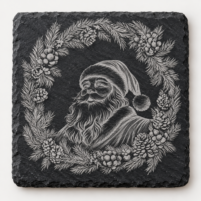 Santa Pinecone Wreath Christmas Slate Coaster