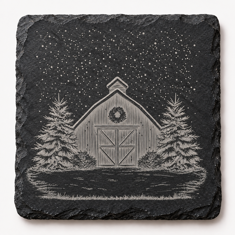 Snowy Barn Wreath Christmas Slate Coaster