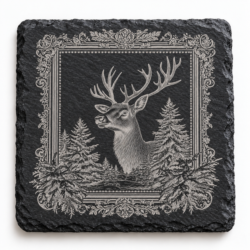 Stag Forest Frame Christmas Slate Coaster