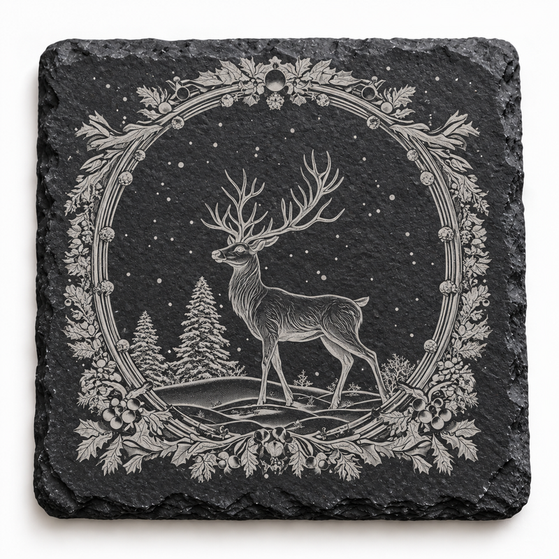 Ornate Winter Stag Christmas Slate Coaster