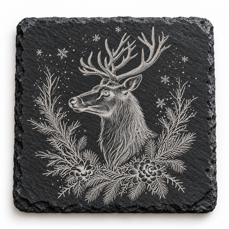 Stag Pinecone Wreath Christmas Slate Coaster