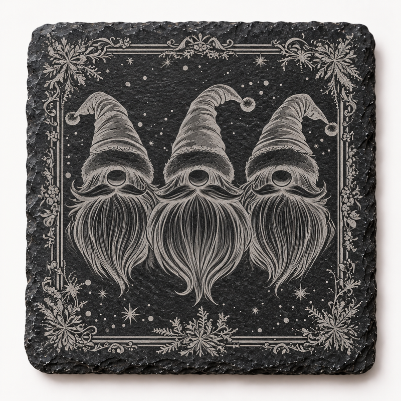 Three Gnome Heads Ornate Christmas Slate Coaster