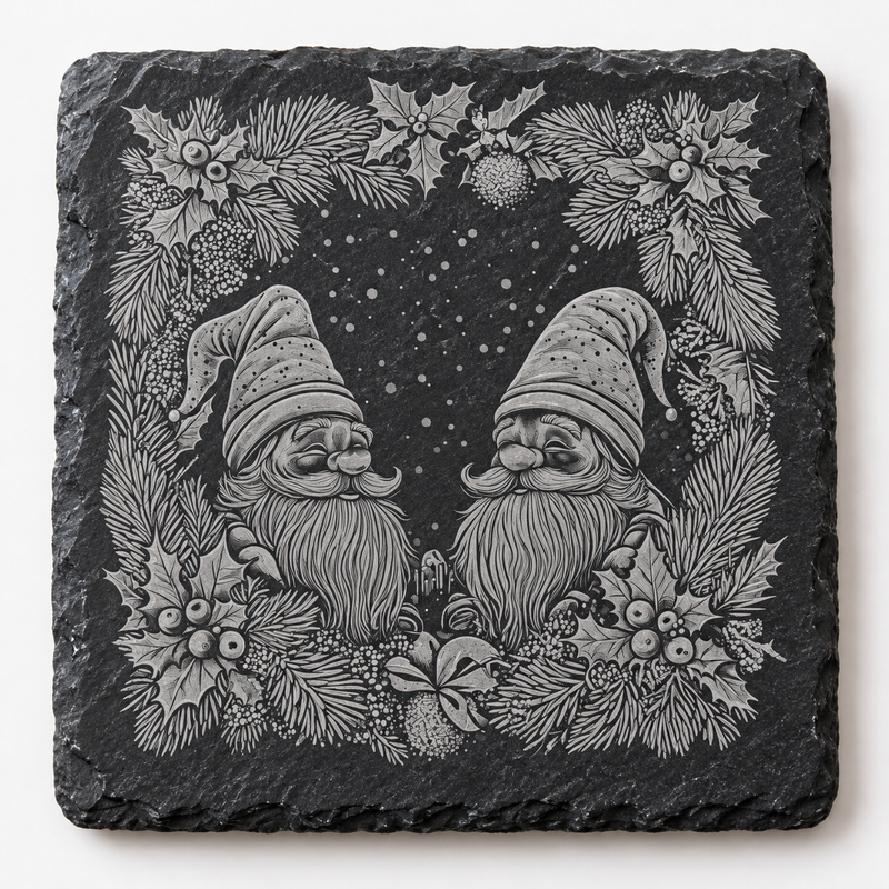 Two Christmas Gnomes Holly Slate Coaster