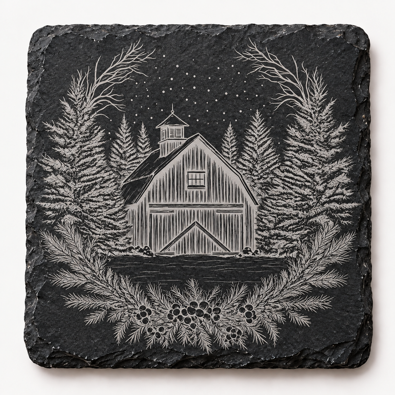 Winter Barn Evergreen Wreath Slate Coaster