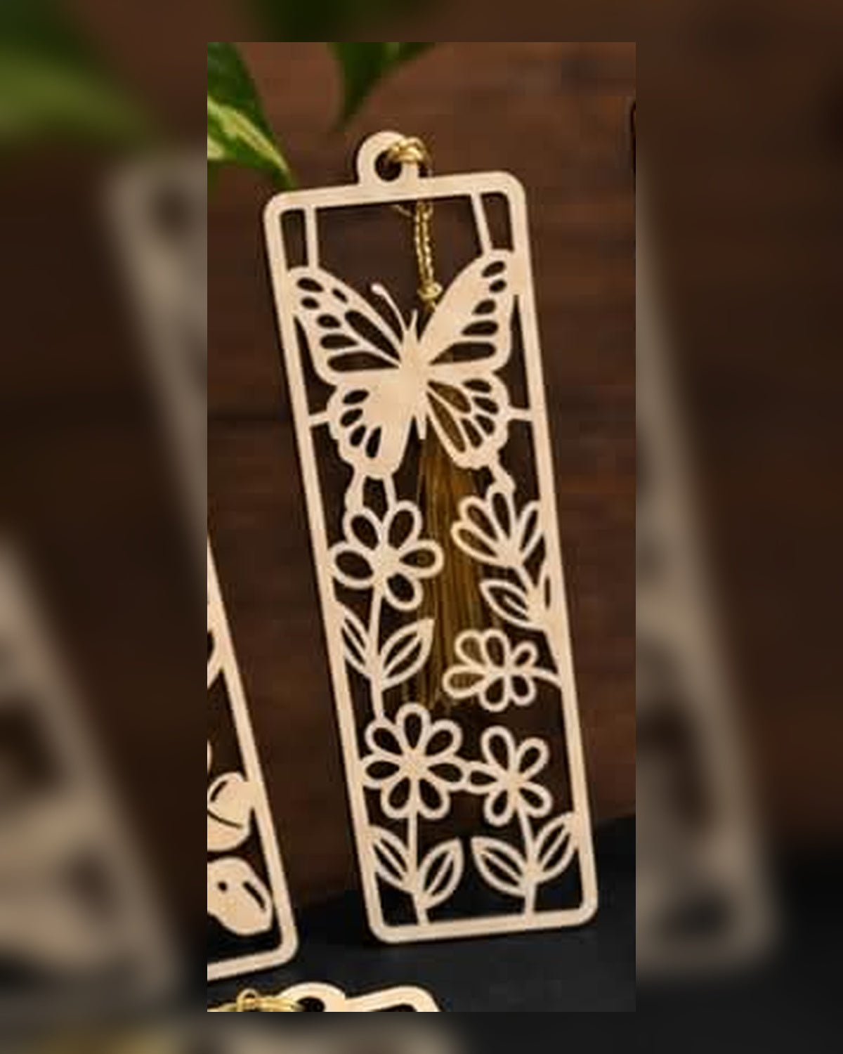 Butterfly and flowers engraved wooden bookmark