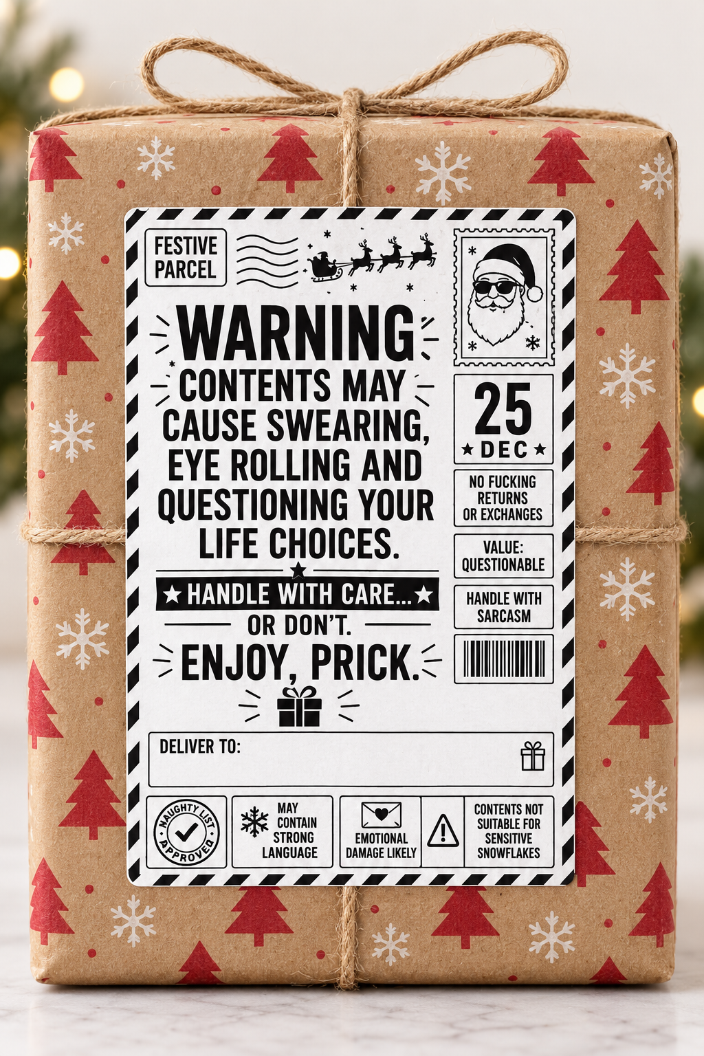 Rude Christmas parcel label design reading "Warning, questioning your life choices"