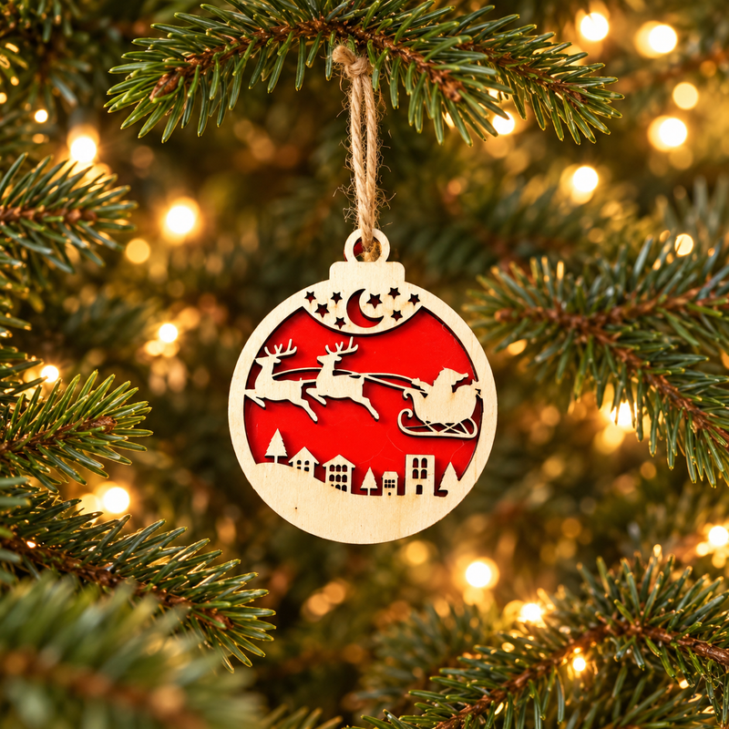 Santa Over the Village two-layer wooden and red acrylic Christmas bauble hanging on a Christmas tree
