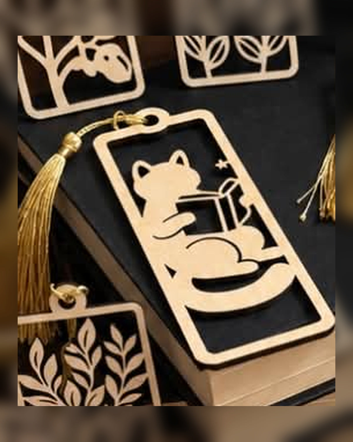 Reading cat engraved wooden bookmark
