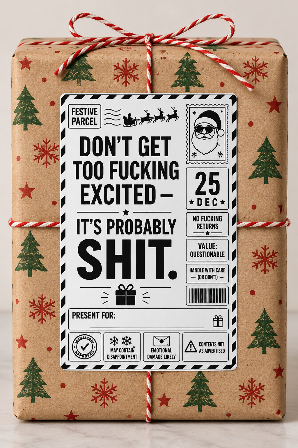 Rude Christmas parcel label design reading "Don't get too excited"