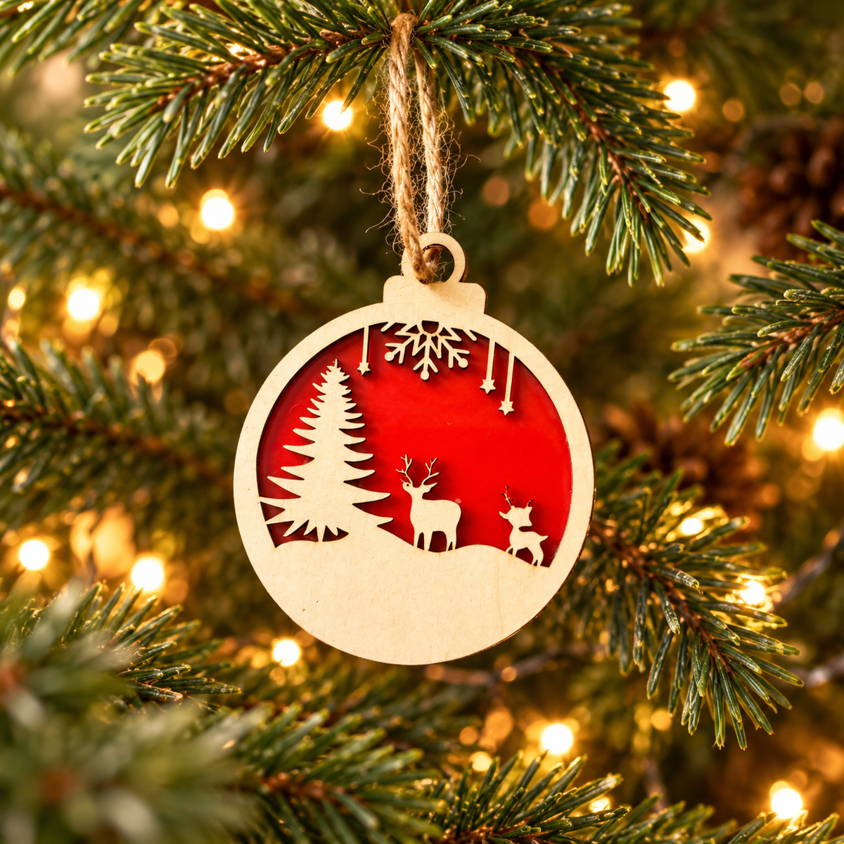 Deer Family and Christmas Tree two-layer wooden and red acrylic Christmas bauble hanging on a Christmas tree