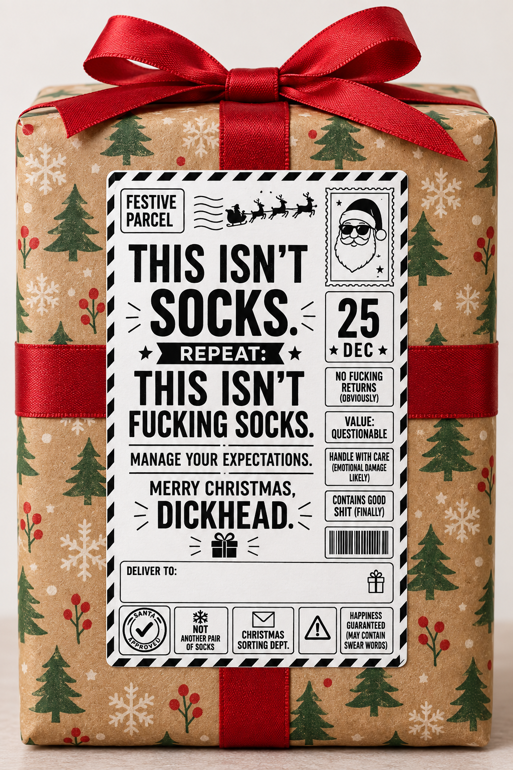 Rude Christmas parcel label design reading "This isn't socks"