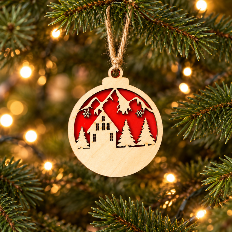 Snowy Christmas Cottage two-layer wooden and red acrylic Christmas bauble hanging on a Christmas tree