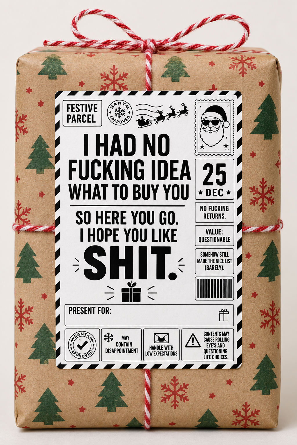 Rude Christmas parcel label design reading "I had no idea what to buy you"