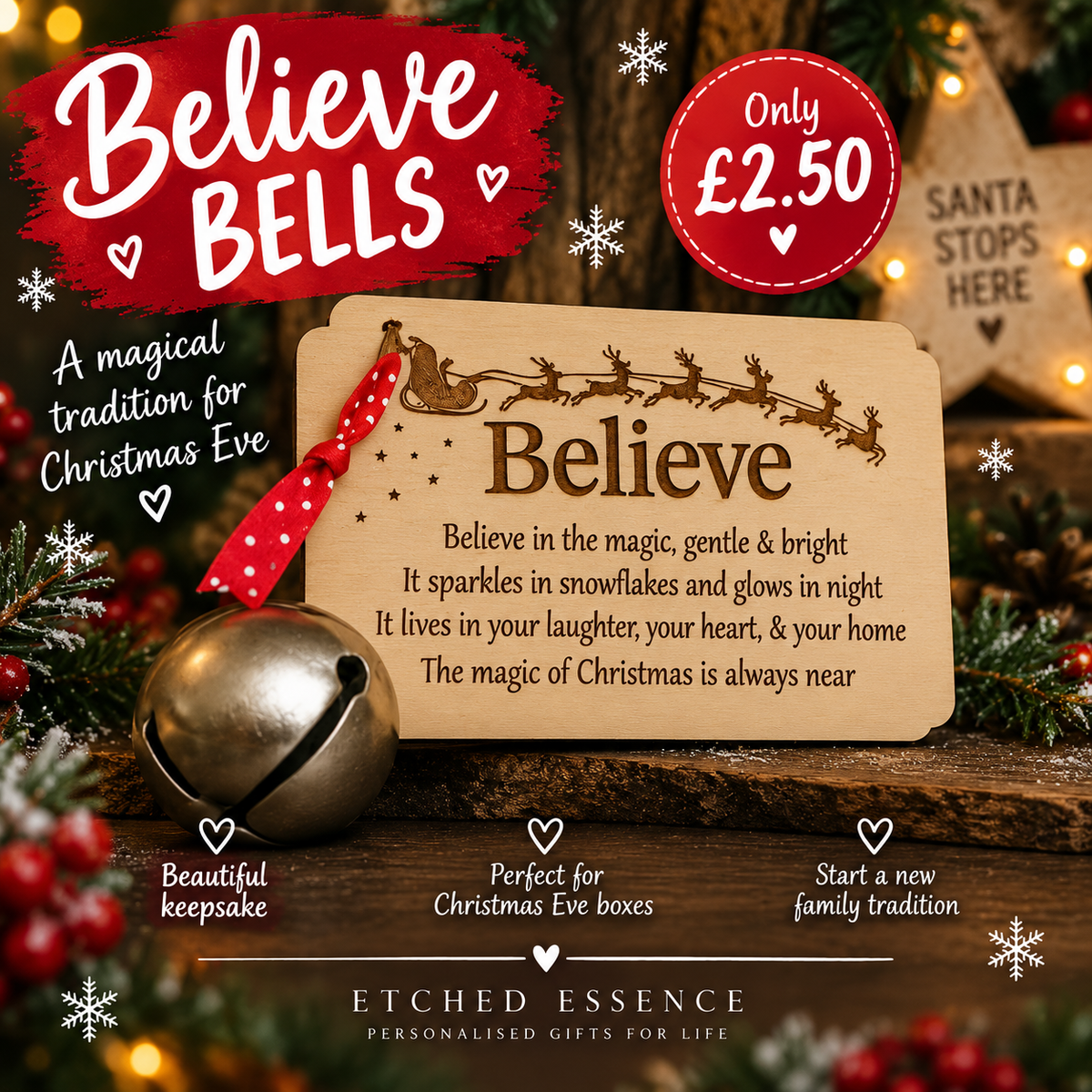Believe Bells engraved wooden Christmas keepsake with bell