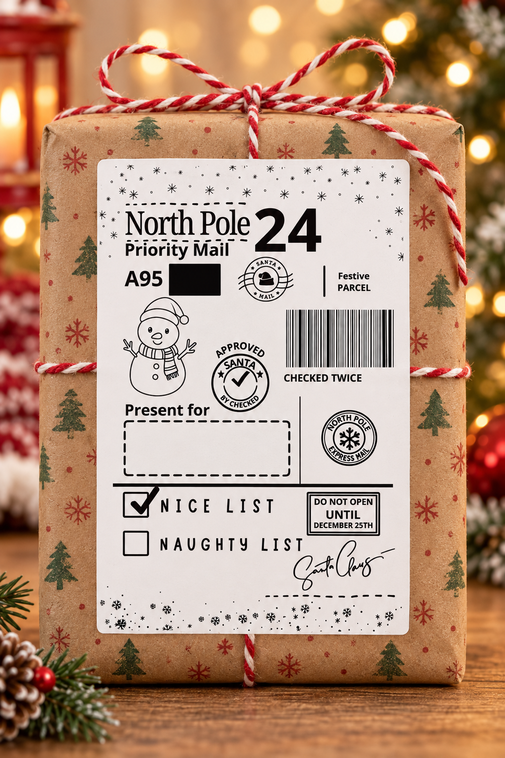 Personalised 4 by 6 inch Christmas parcel label, design 5 in the festive collection