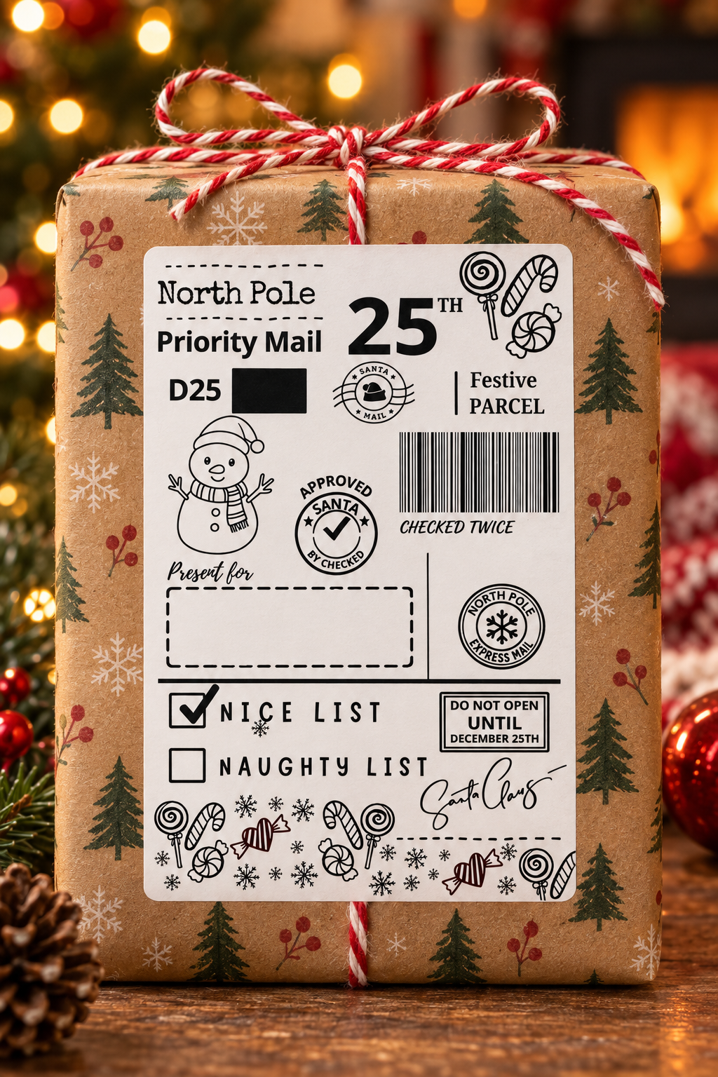 Personalised 4 by 6 inch Christmas parcel label, design 4 in the festive collection