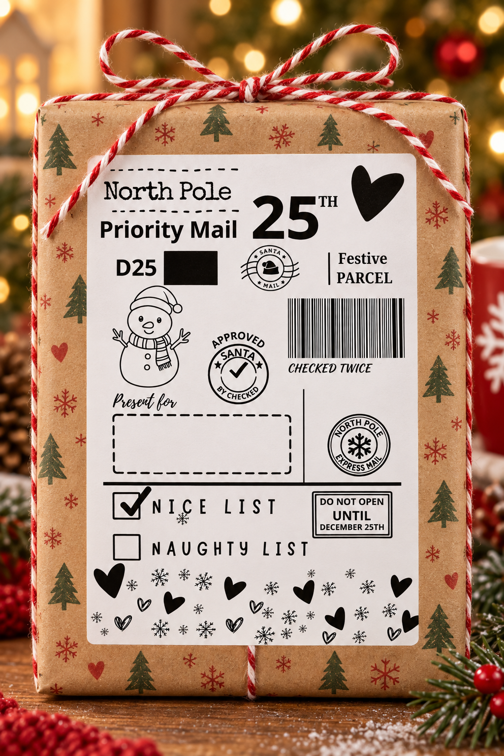 Personalised 4 by 6 inch Christmas parcel label, design 3 in the festive collection