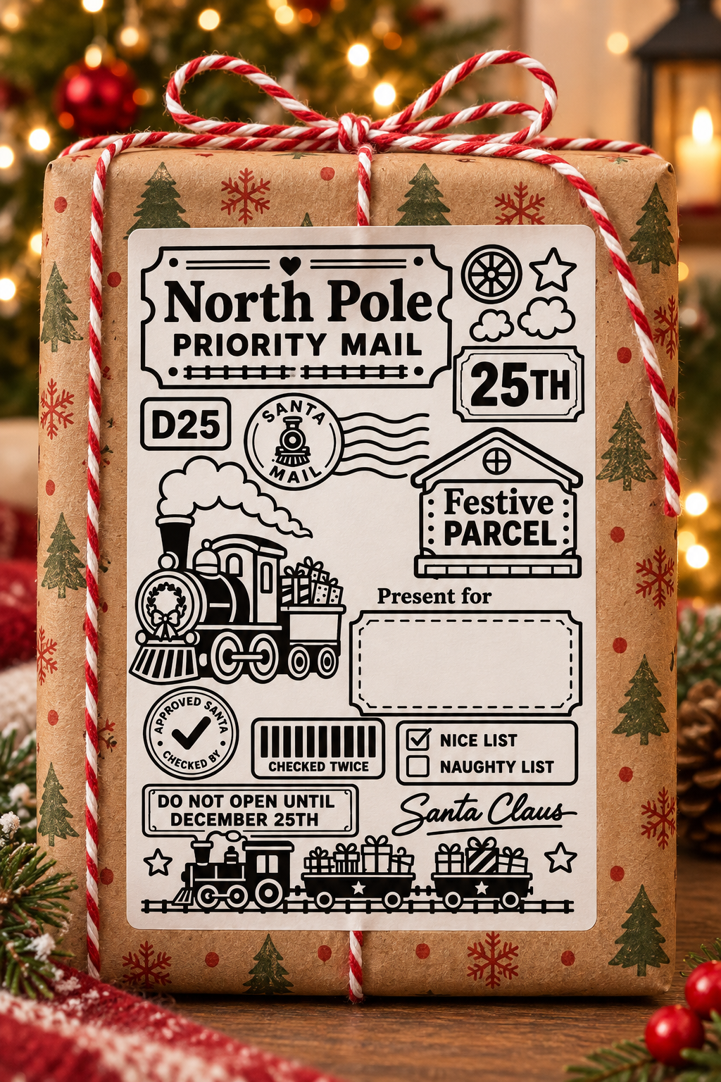 Personalised 4 by 6 inch Christmas parcel label, design 6 in the festive collection