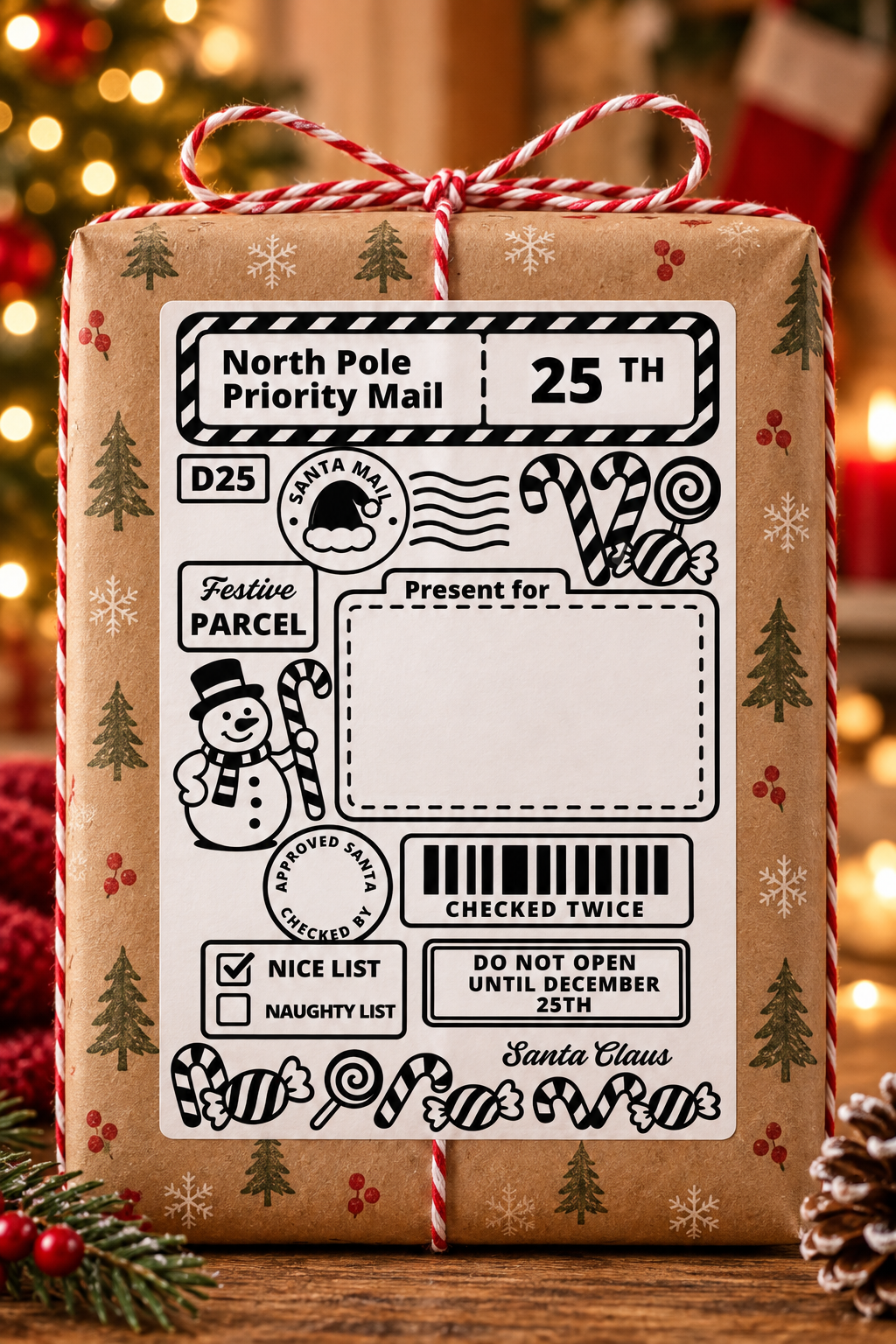 Personalised 4 by 6 inch Christmas parcel label, design 10 in the festive collection