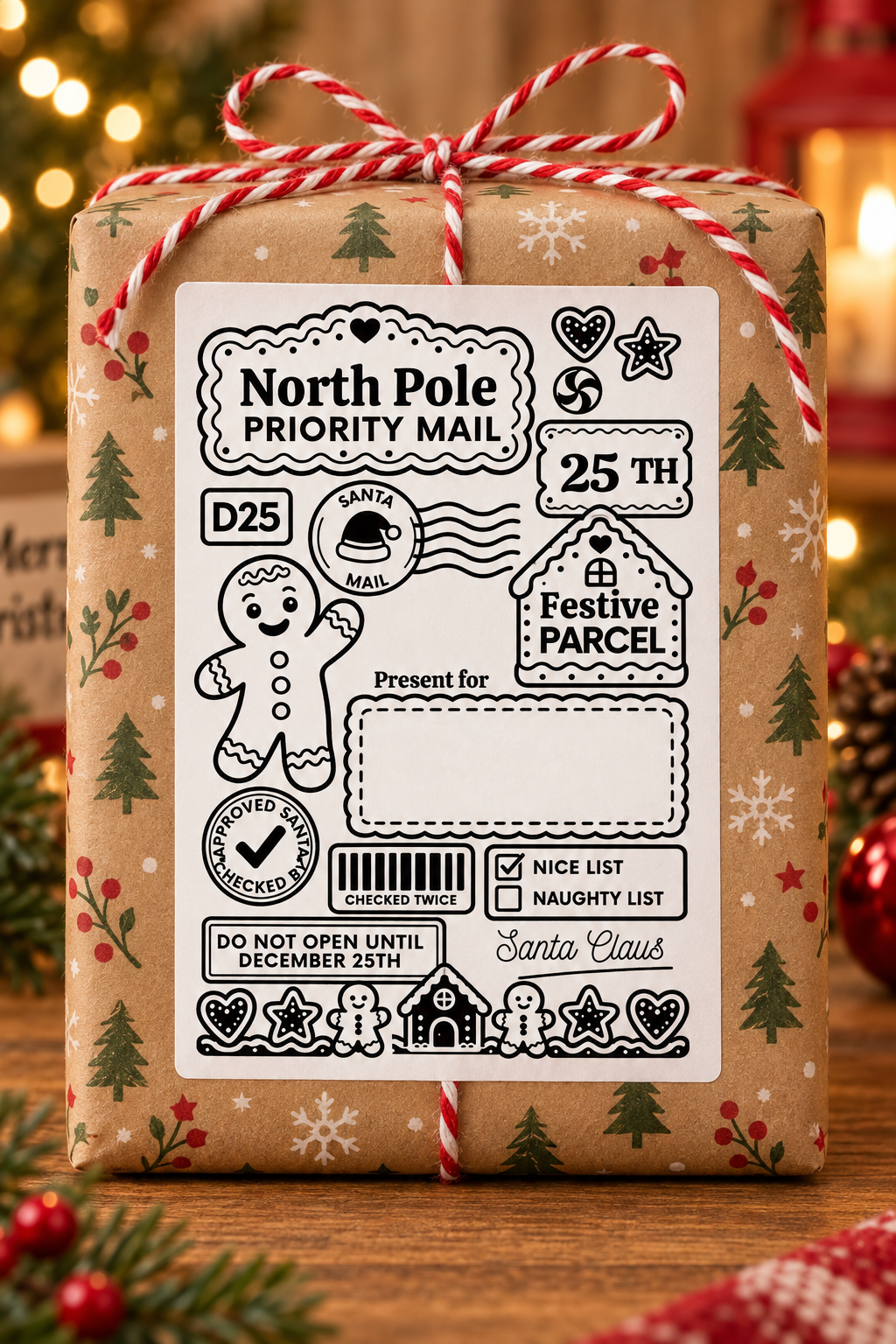 Personalised 4 by 6 inch Christmas parcel label, design 8 in the festive collection