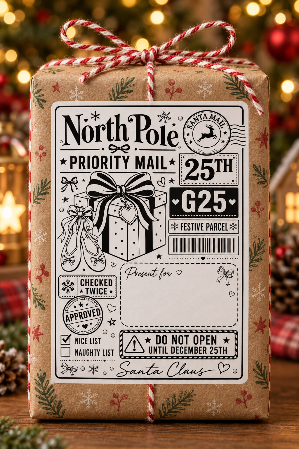 Personalised 4 by 6 inch Christmas parcel label, design 9 in the festive collection