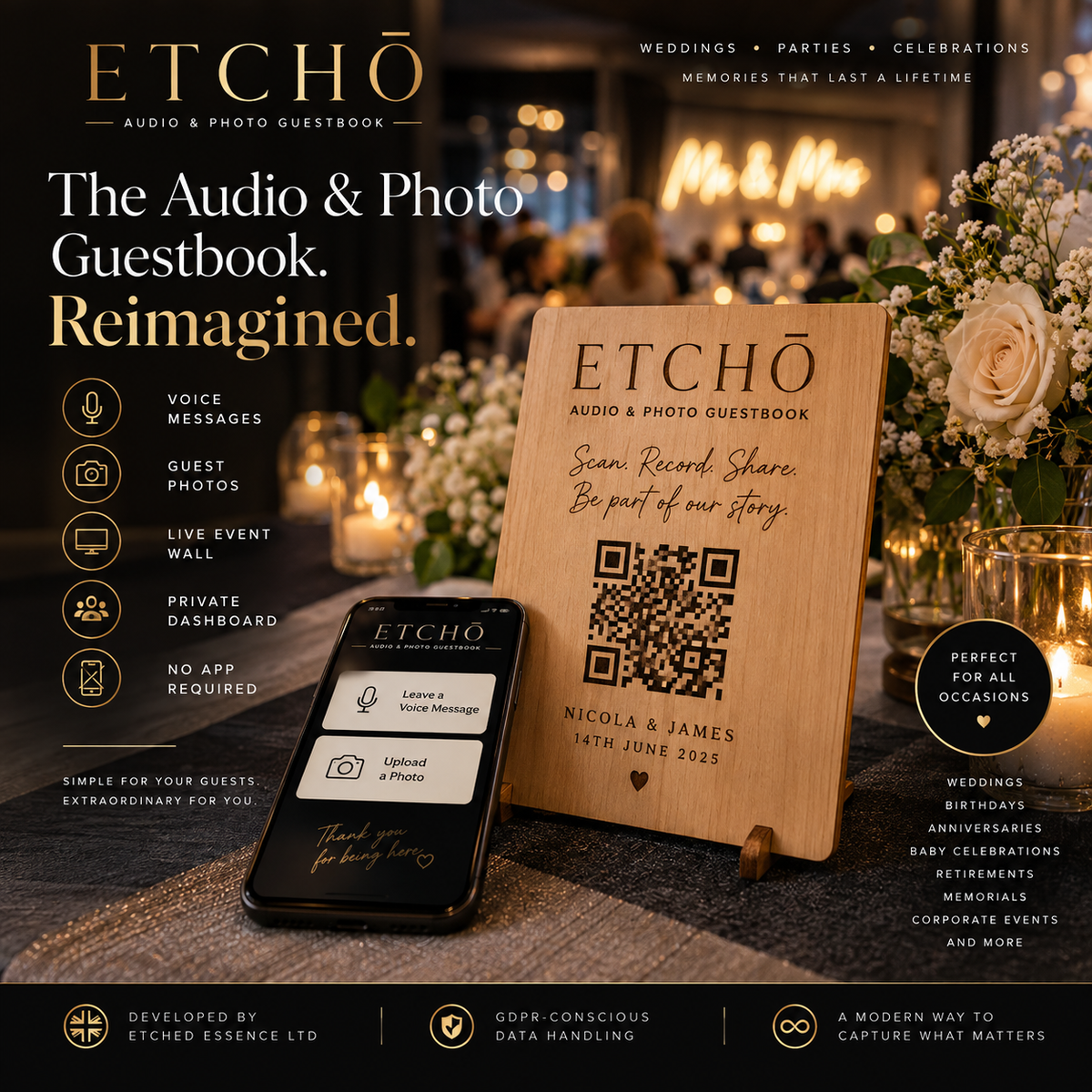 ETCHŌ audio and photo wedding guestbook with Live Event Wall